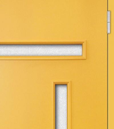 The color of the door creates an edge on the facade